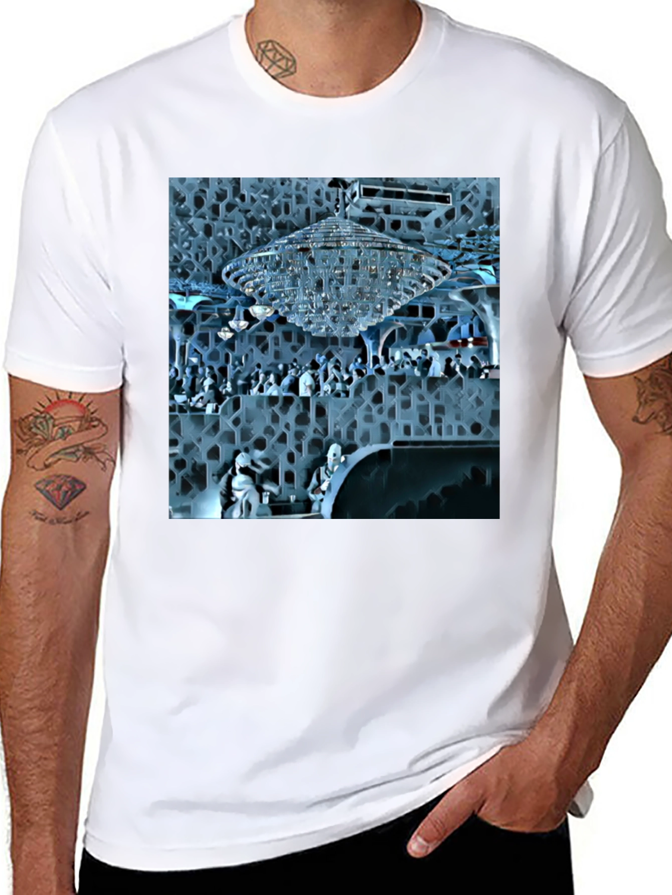 Stylish Black Tee with Crystal Chandelier Design