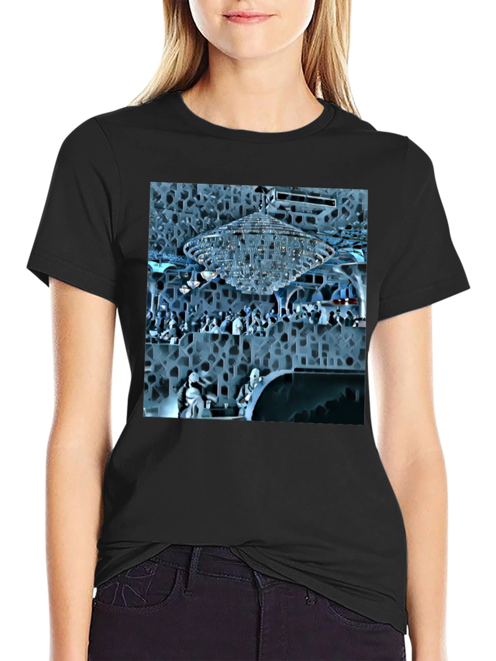 Stylish Black Tee with Crystal Chandelier Design
