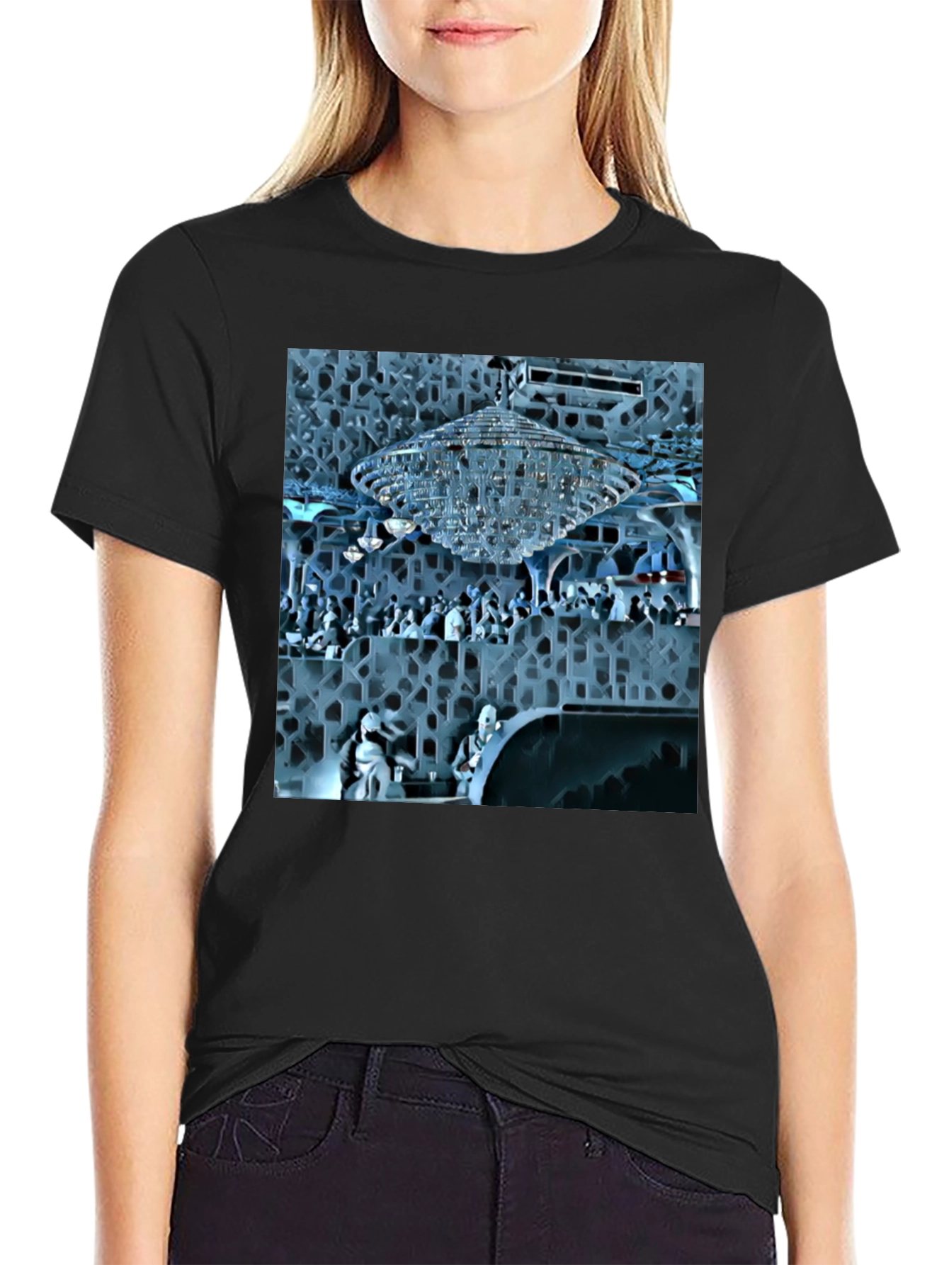 Stylish Black Tee with Crystal Chandelier Design
