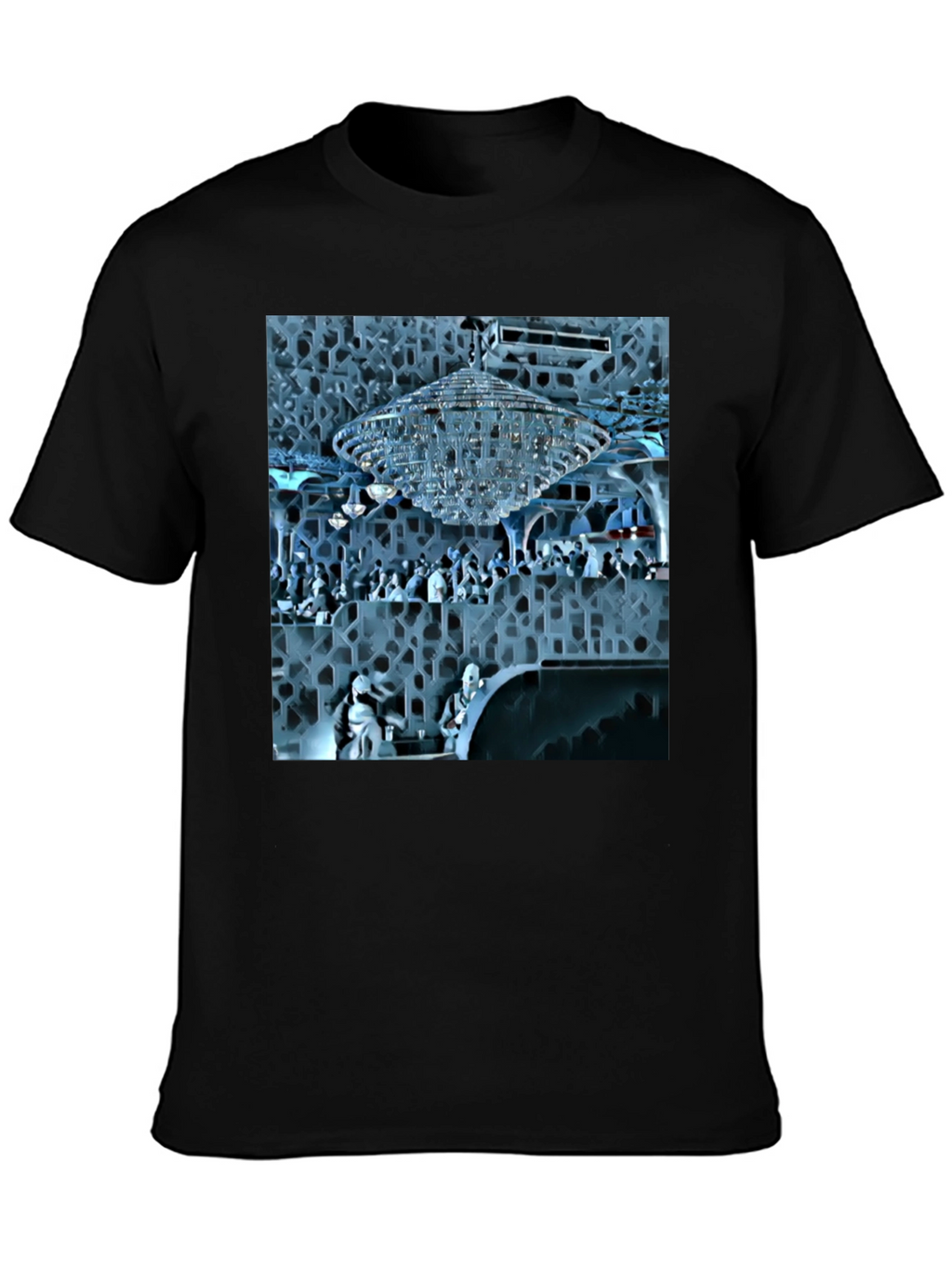 Stylish Black Tee with Crystal Chandelier Design