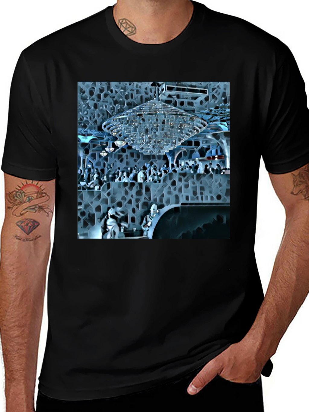 Stylish Black Tee with Crystal Chandelier Design