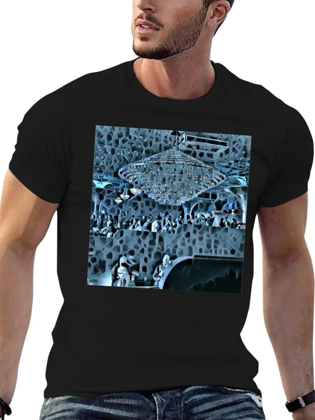 Stylish Black Tee with Crystal Chandelier Design