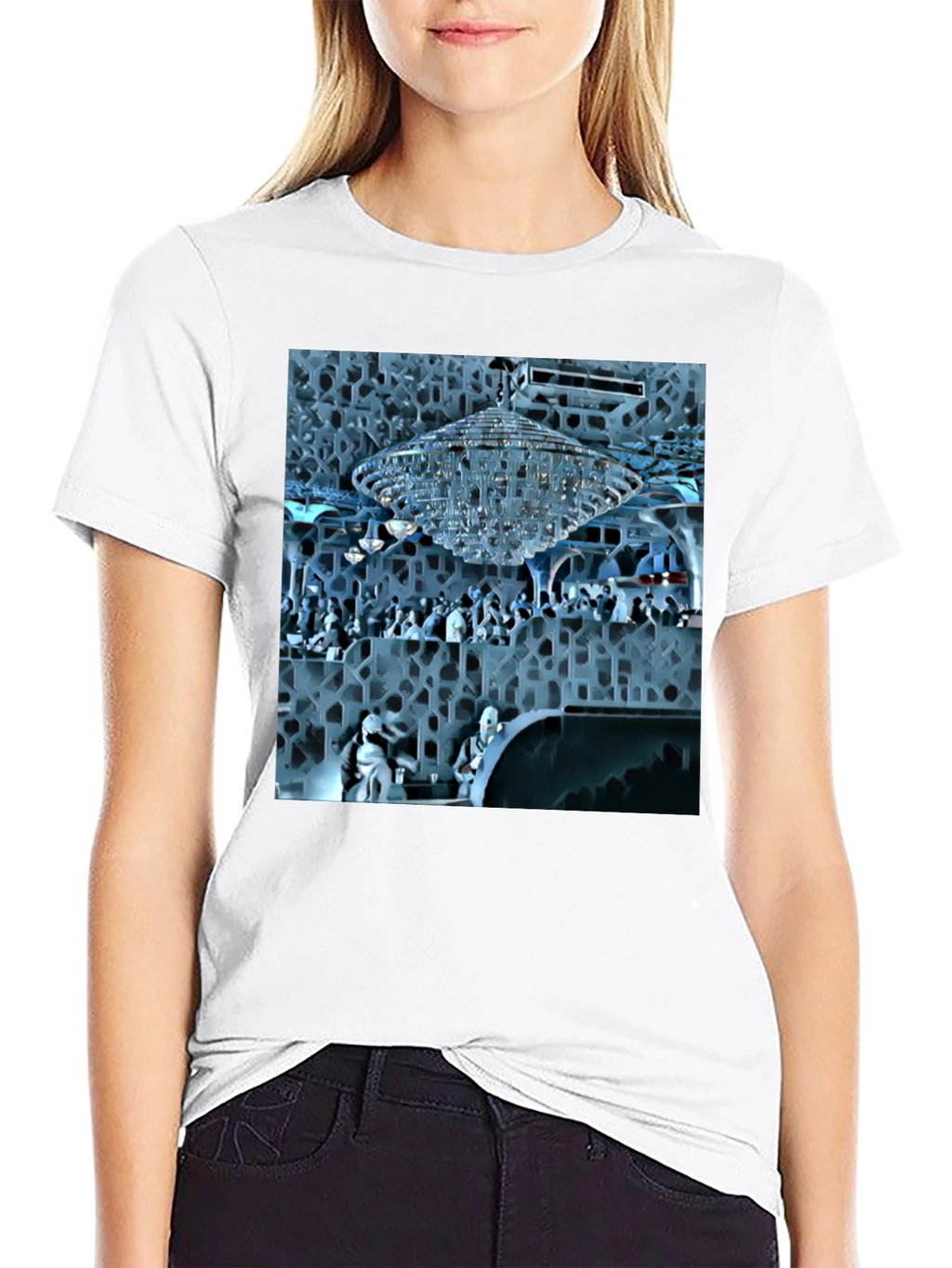 Stylish Black Tee with Crystal Chandelier Design