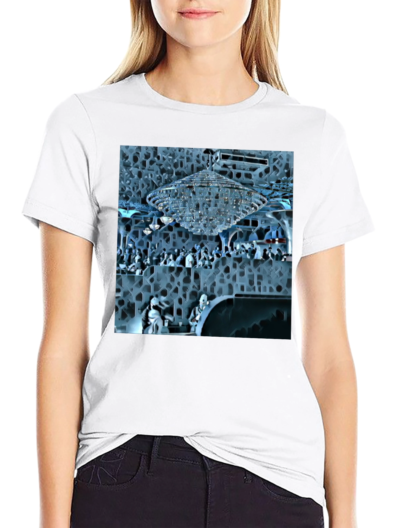 Stylish Black Tee with Crystal Chandelier Design