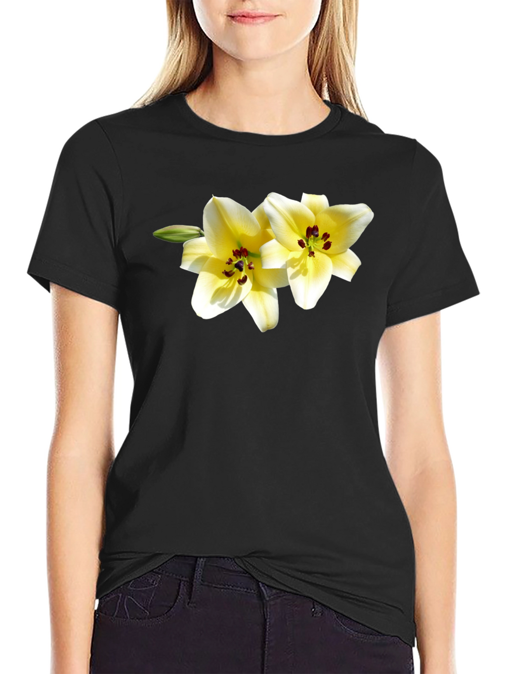 Floral Lily Graphic Tee - Black Cotton Blend