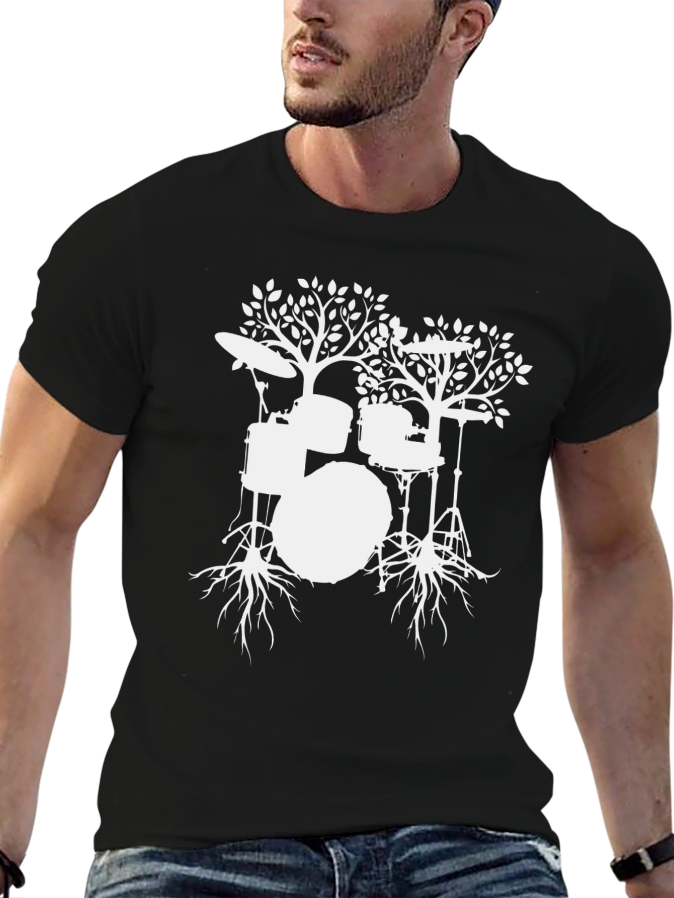 Drum Tree Graphic Tee - Black Cotton T-Shirt