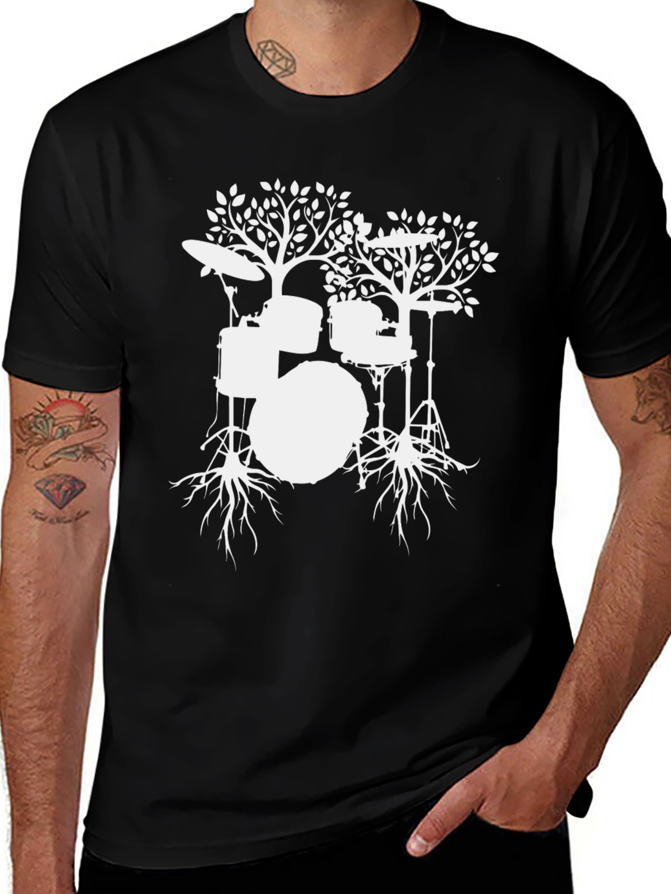 Drum Tree Graphic Tee - Black Cotton T-Shirt