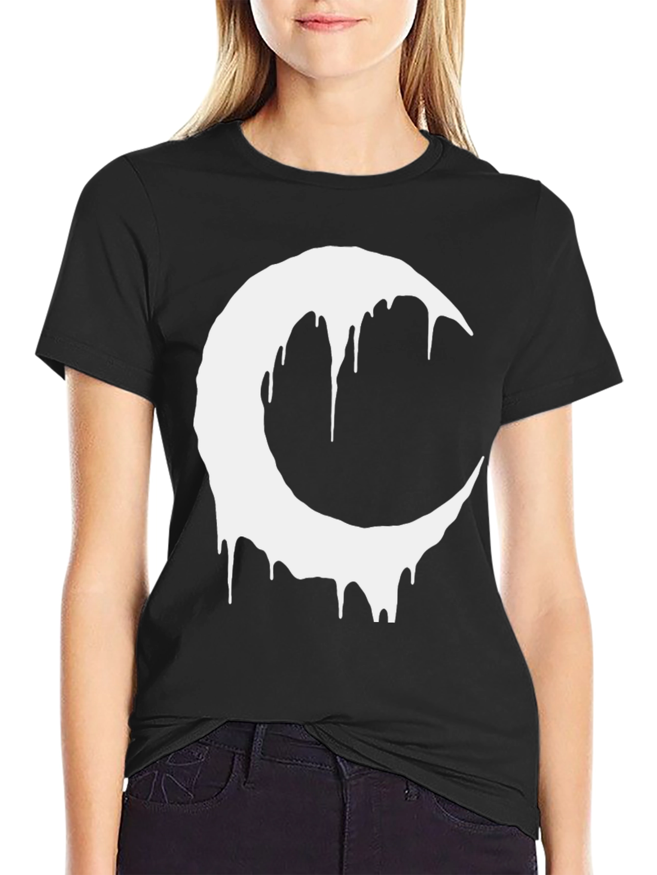 Black T-Shirt with Dripping Crescent Moon Design