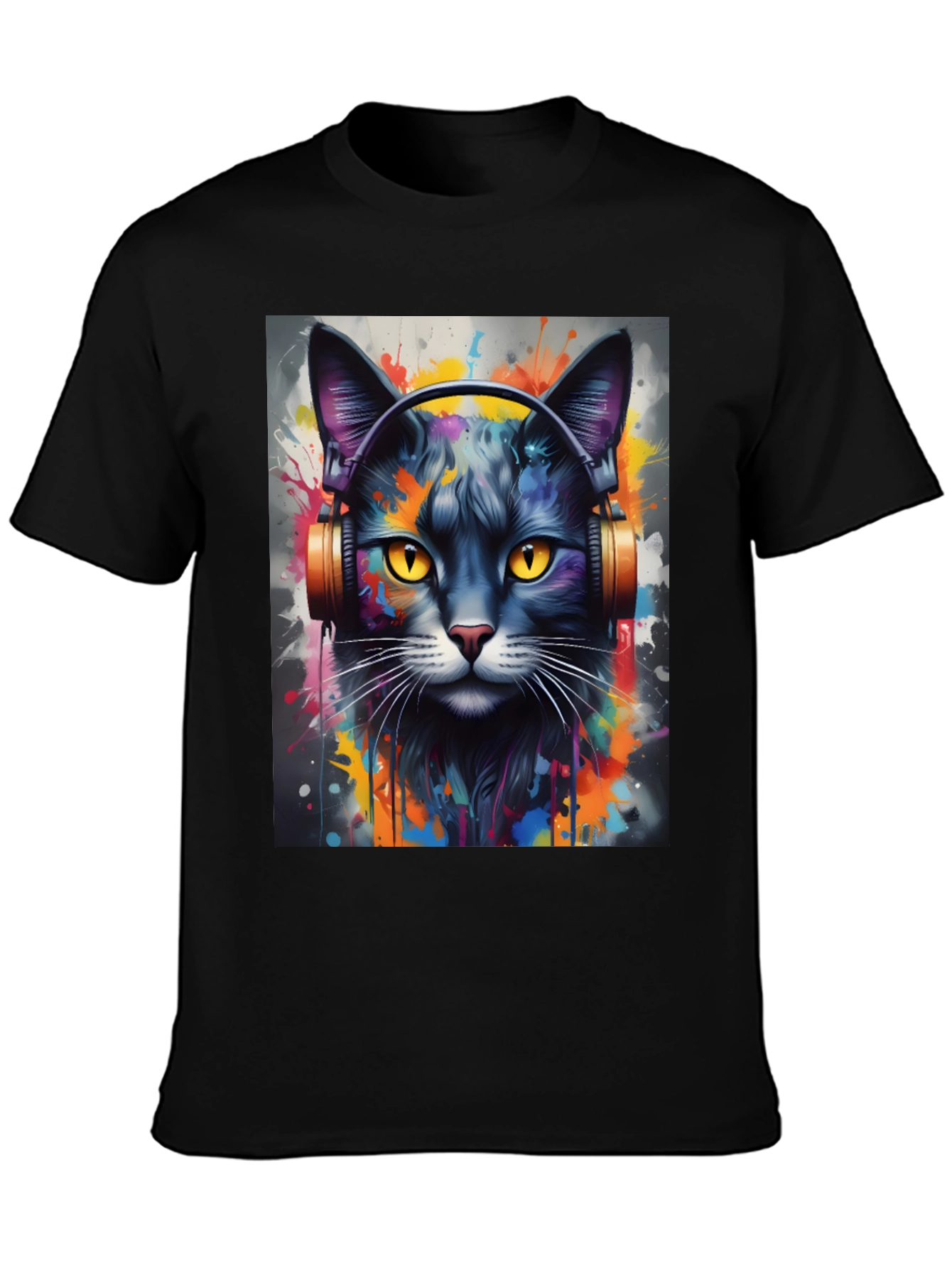 Cool Cat Headphones Black T-Shirt