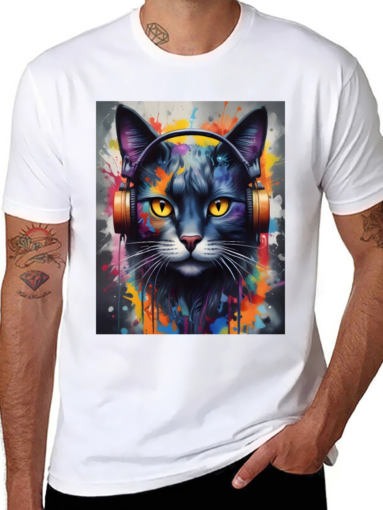 Cool Cat Headphones Black T-Shirt