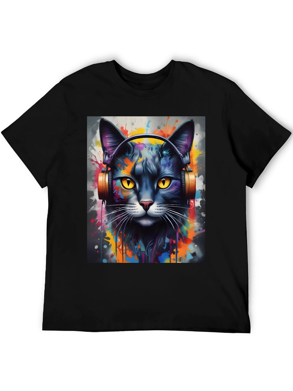 Cool Cat Headphones Black T-Shirt