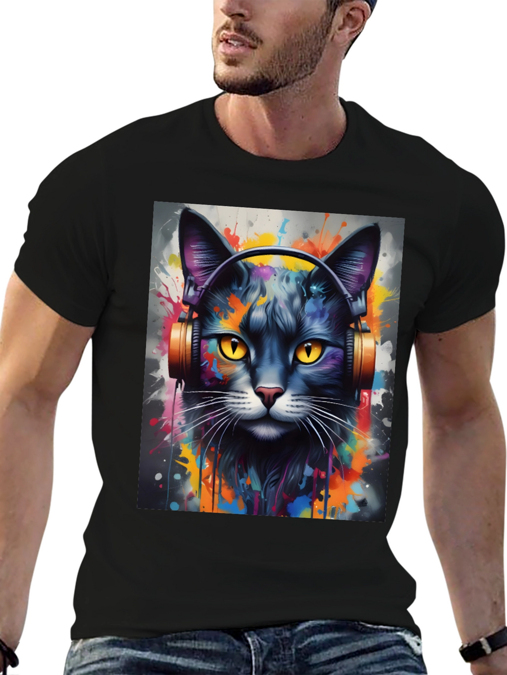 Cool Cat Headphones Black T-Shirt