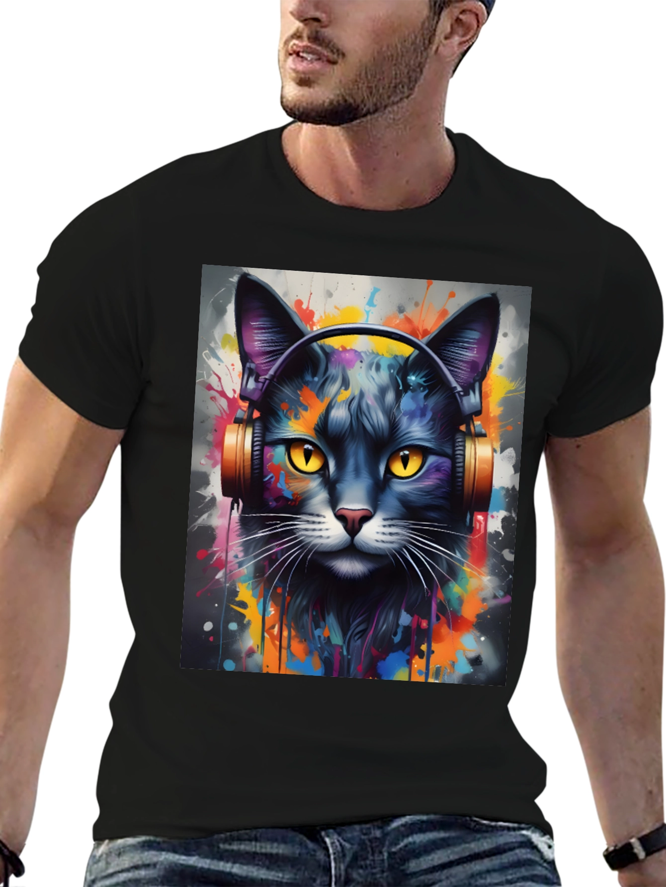Cool Cat Headphones Black T-Shirt