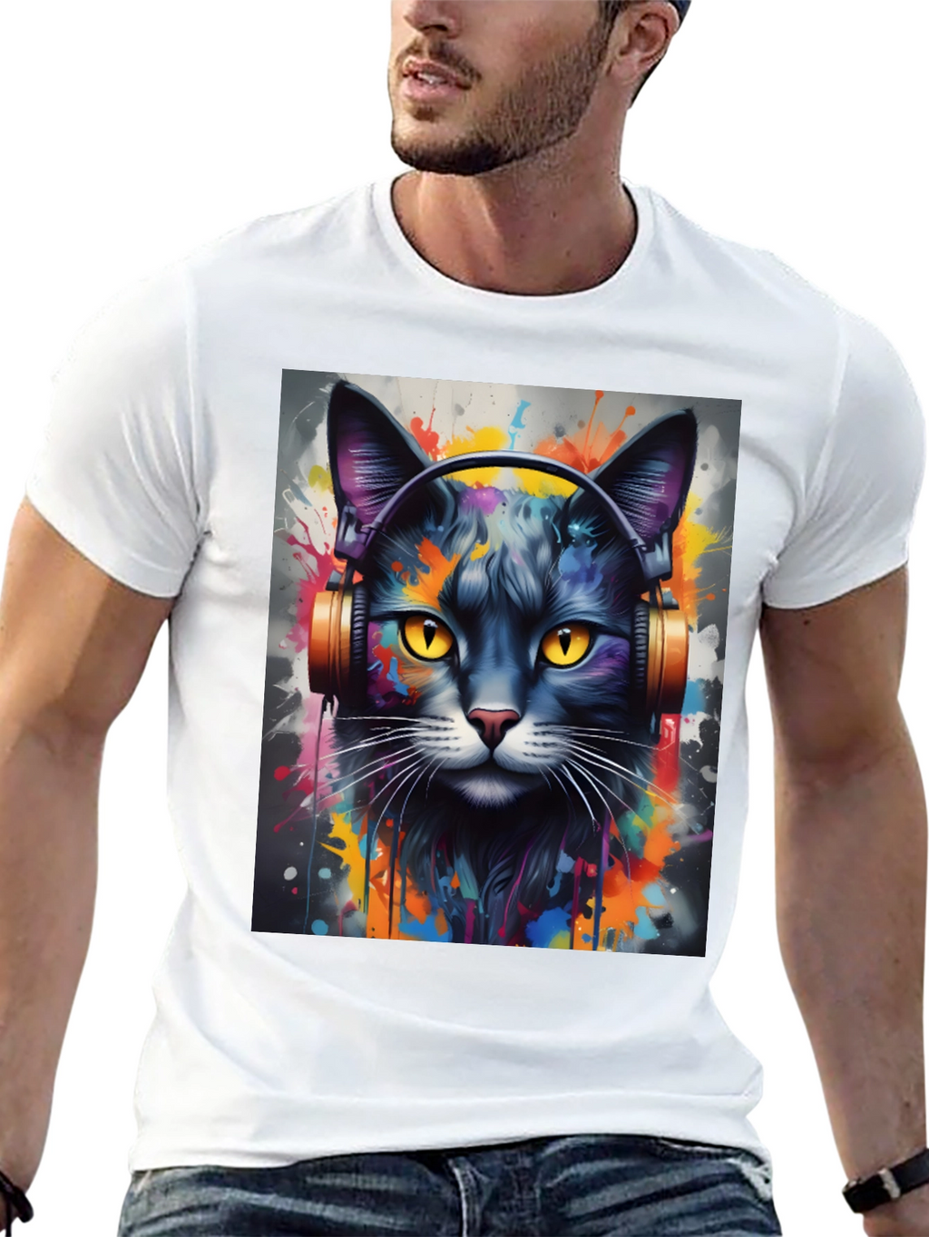 Cool Cat Headphones Black T-Shirt