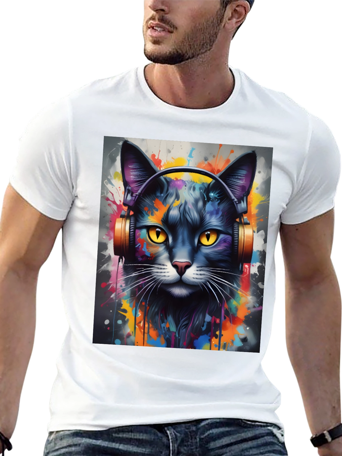 Cool Cat Headphones Black T-Shirt