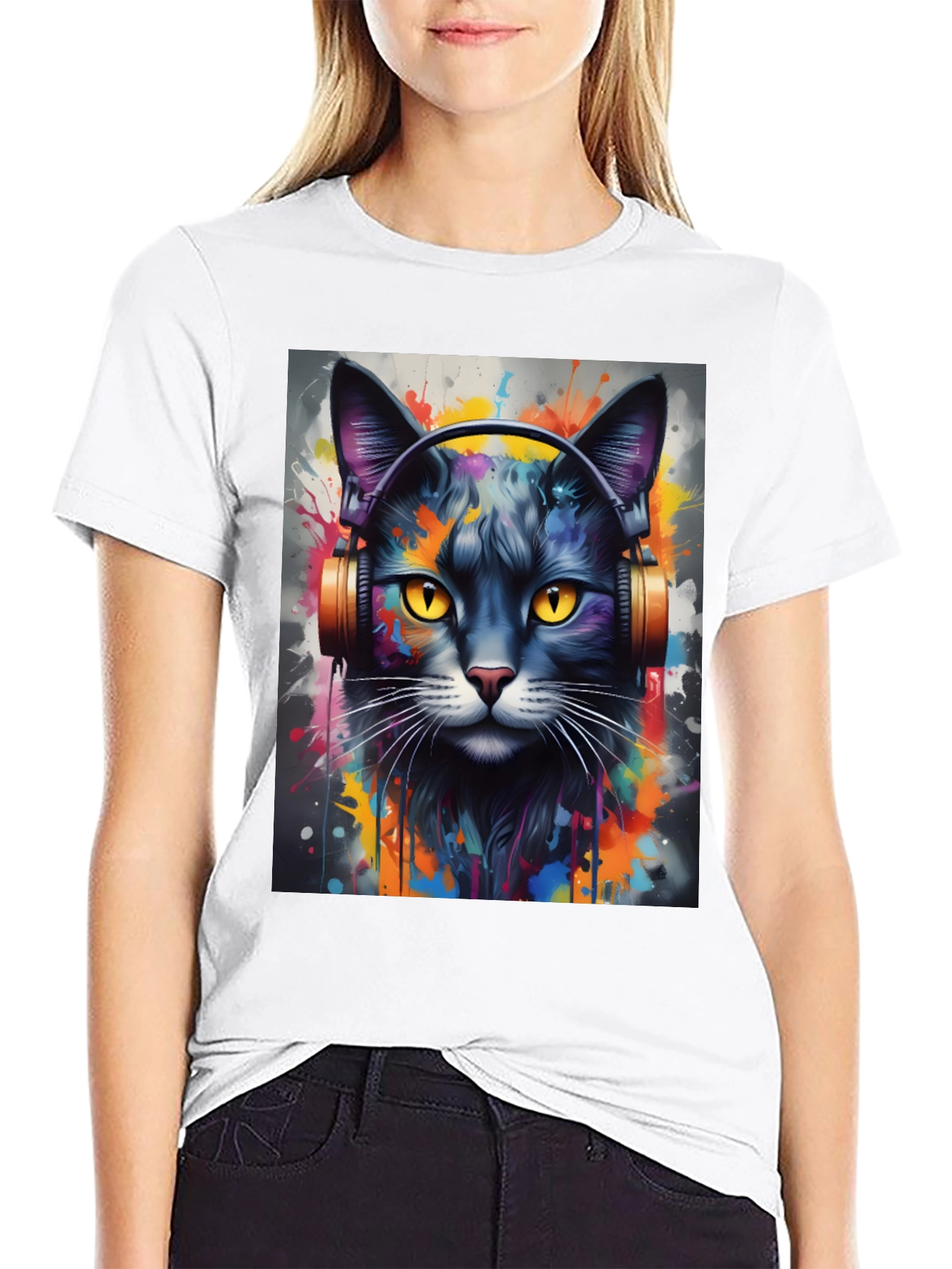 Cool Cat Headphones Black T-Shirt