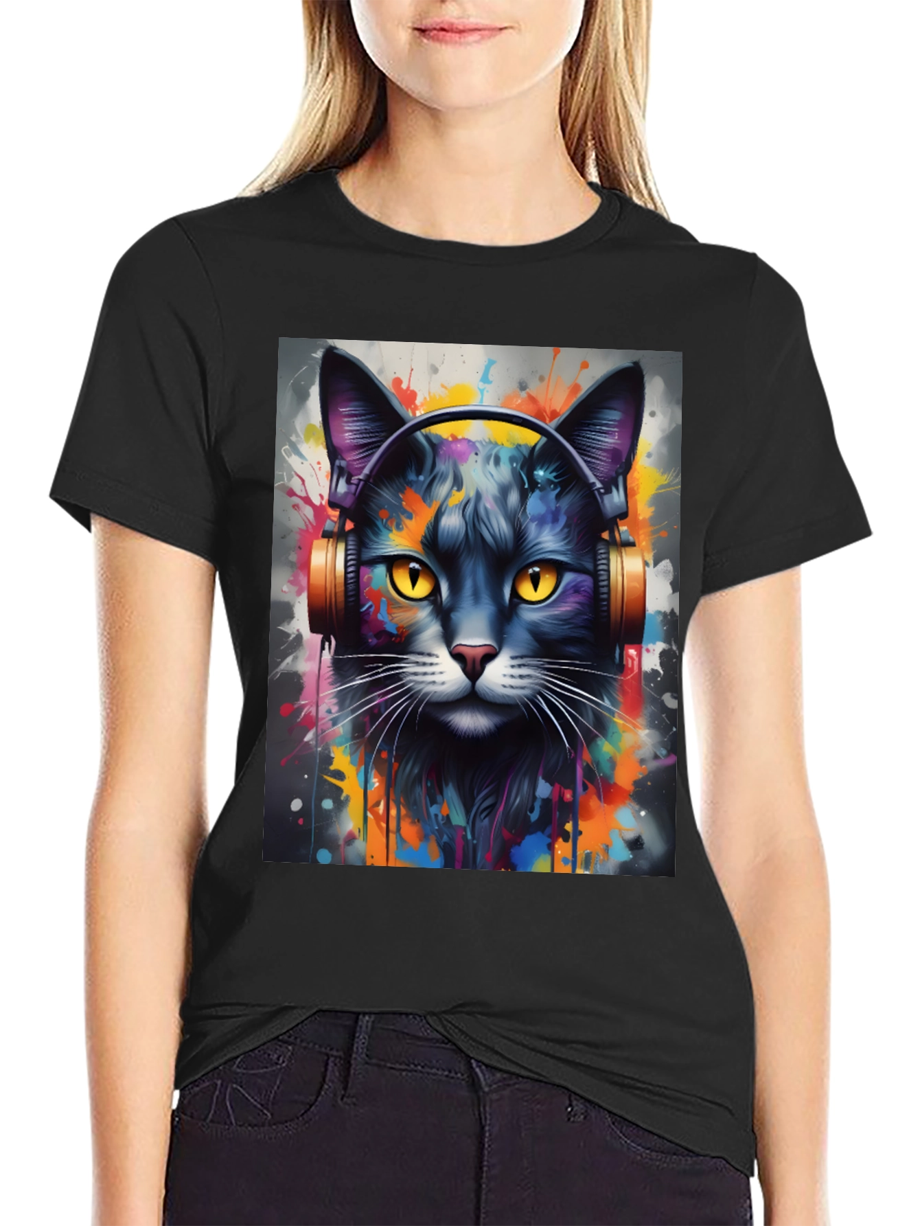 Cool Cat Headphones Black T-Shirt