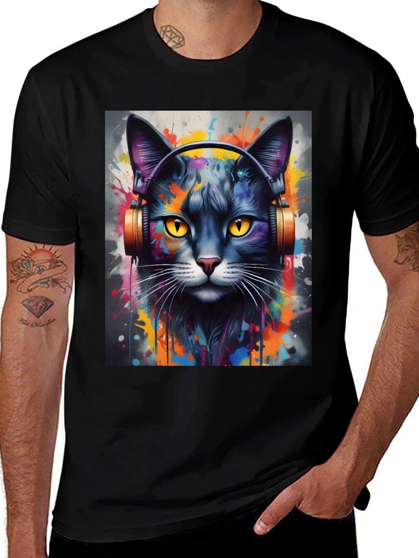 Cool Cat Headphones Black T-Shirt