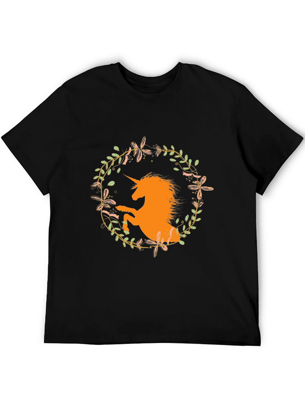 Unicorn Floral Wreath Black T-Shirt