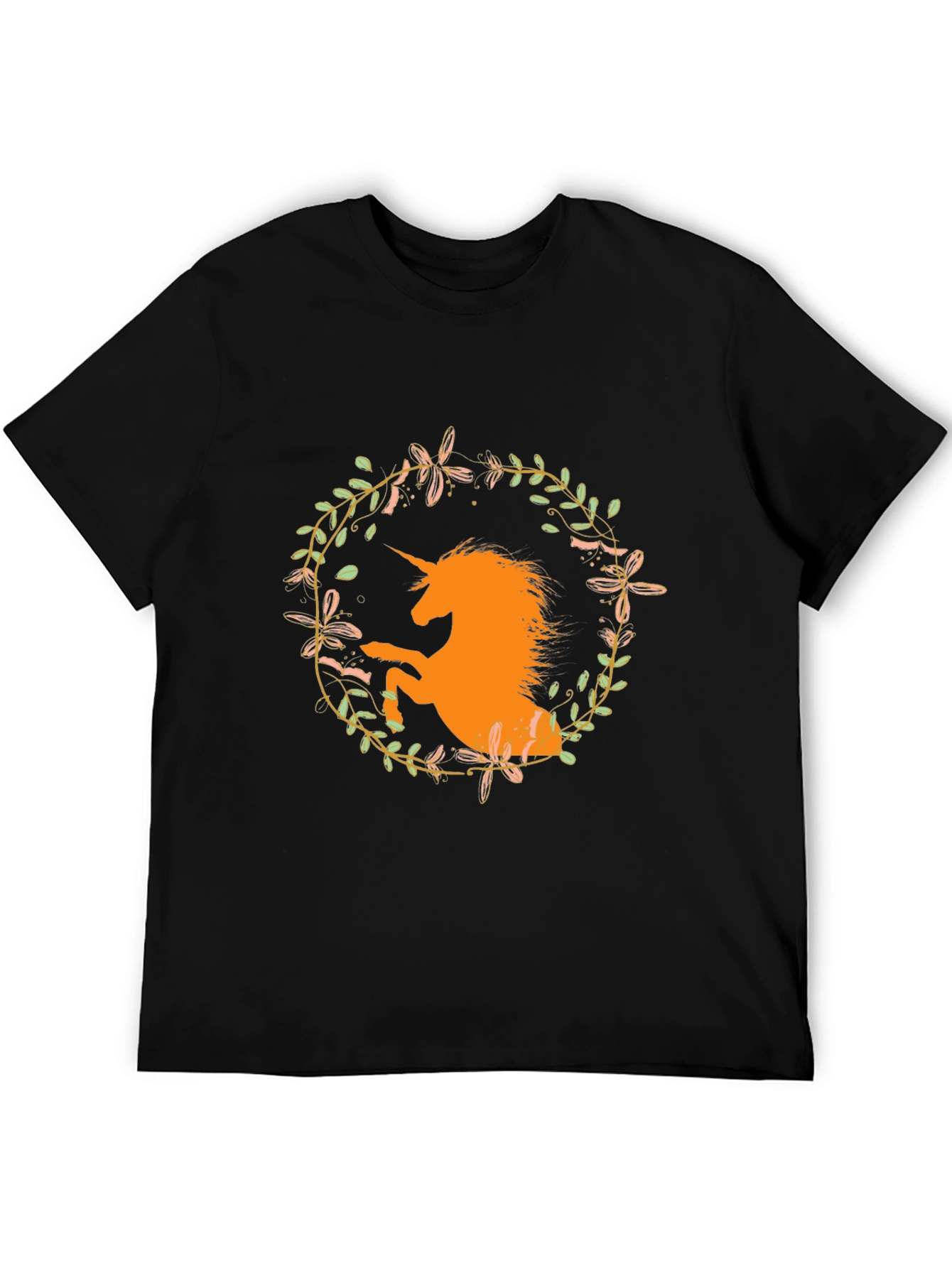 Unicorn Floral Wreath Black T-Shirt