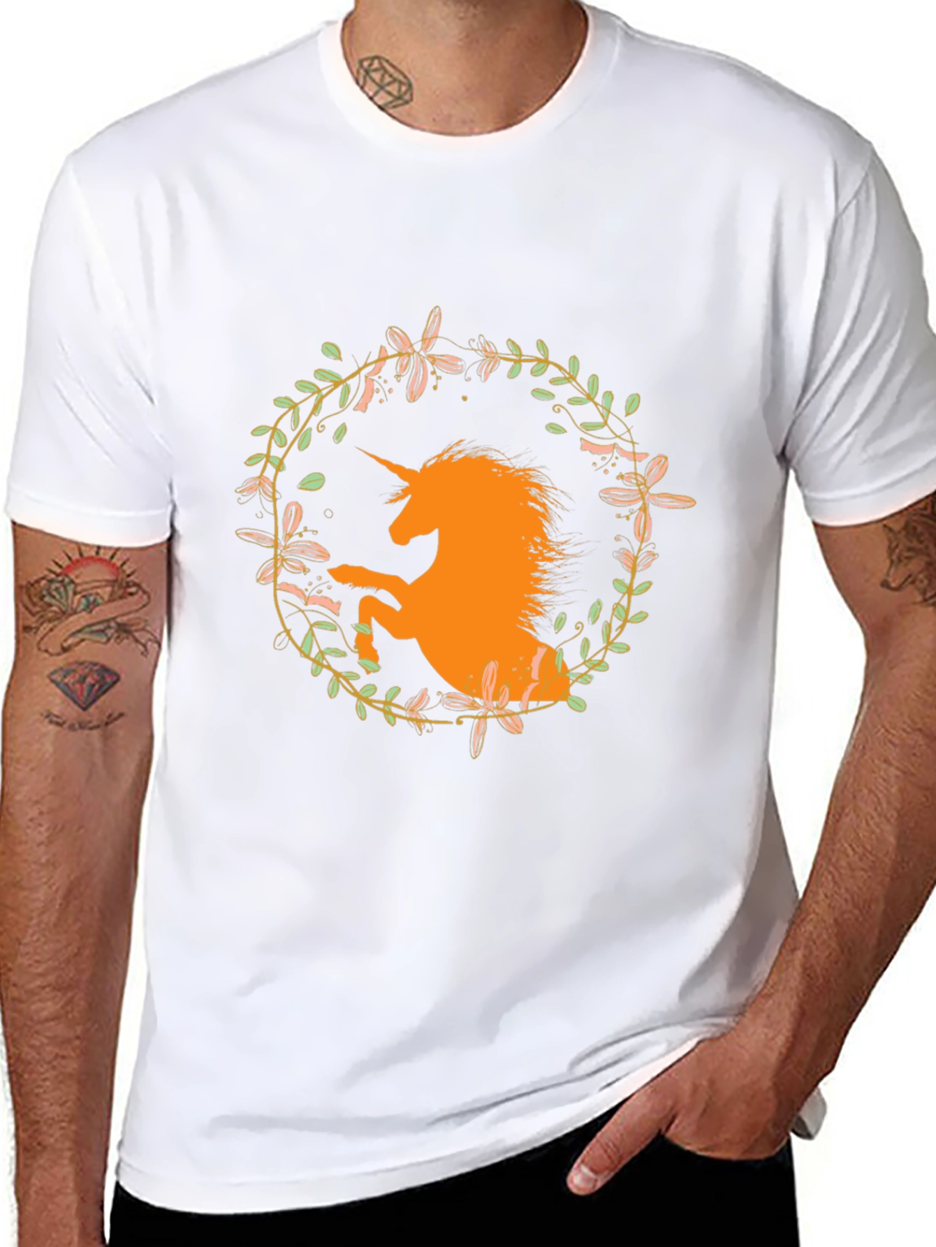Unicorn Floral Wreath Black T-Shirt