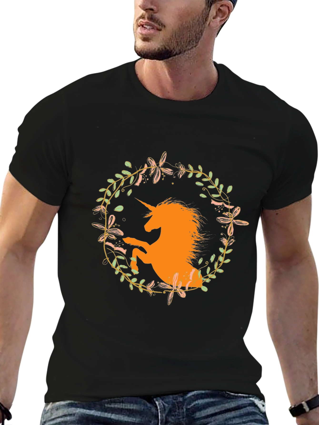 Unicorn Floral Wreath Black T-Shirt