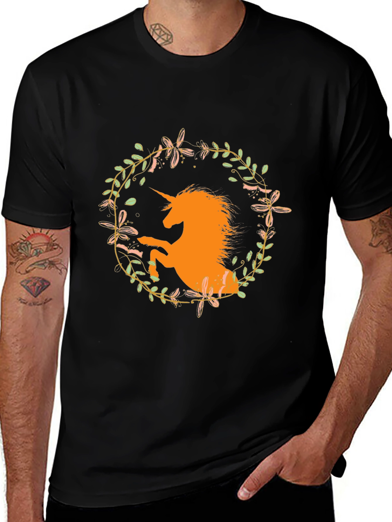 Unicorn Floral Wreath Black T-Shirt