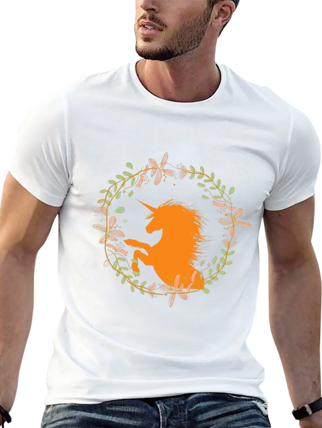 Unicorn Floral Wreath Black T-Shirt