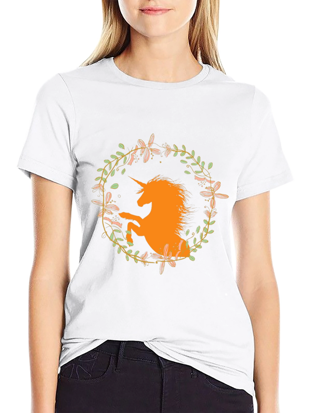 Unicorn Floral Wreath Black T-Shirt