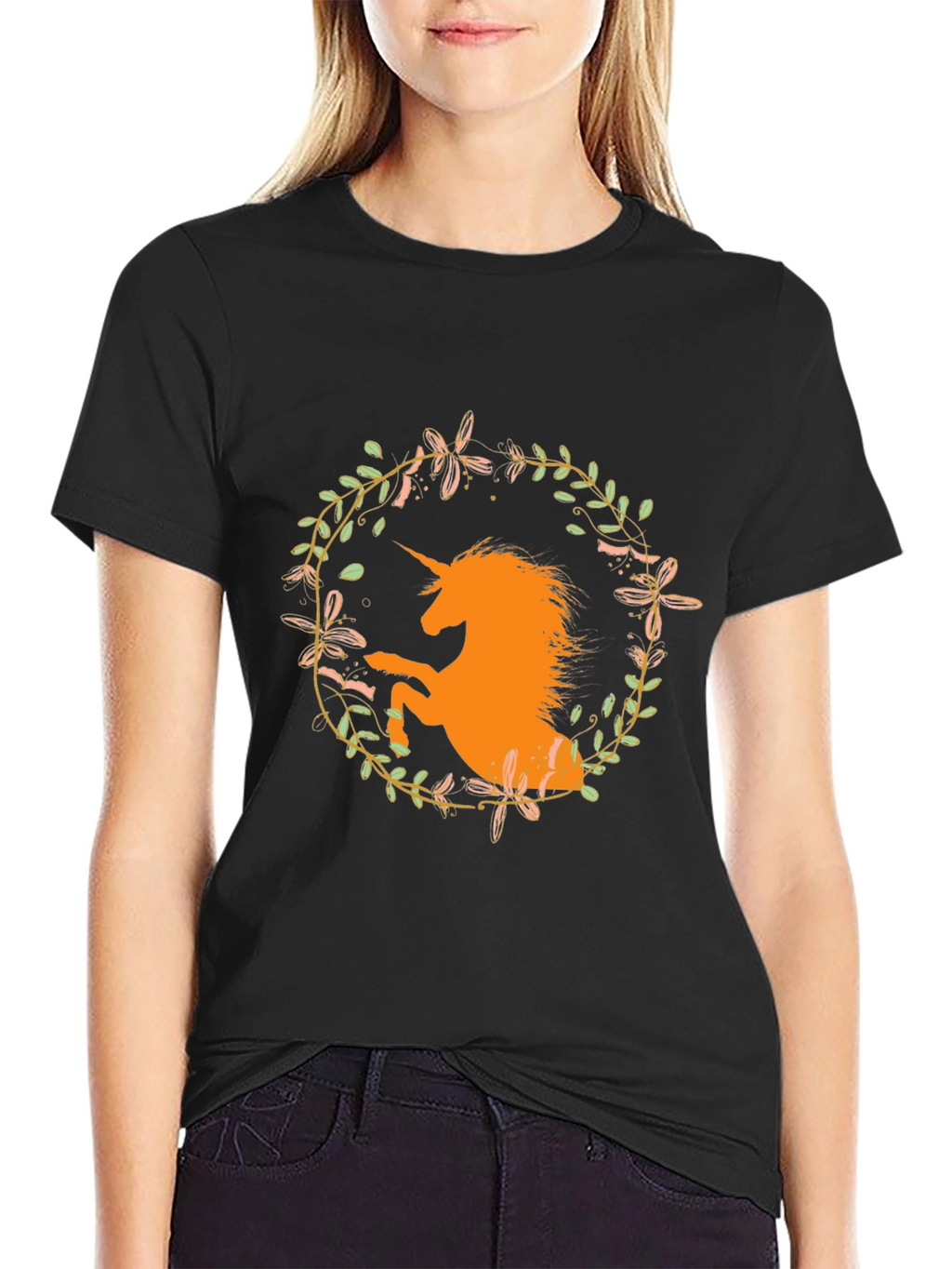 Unicorn Floral Wreath Black T-Shirt