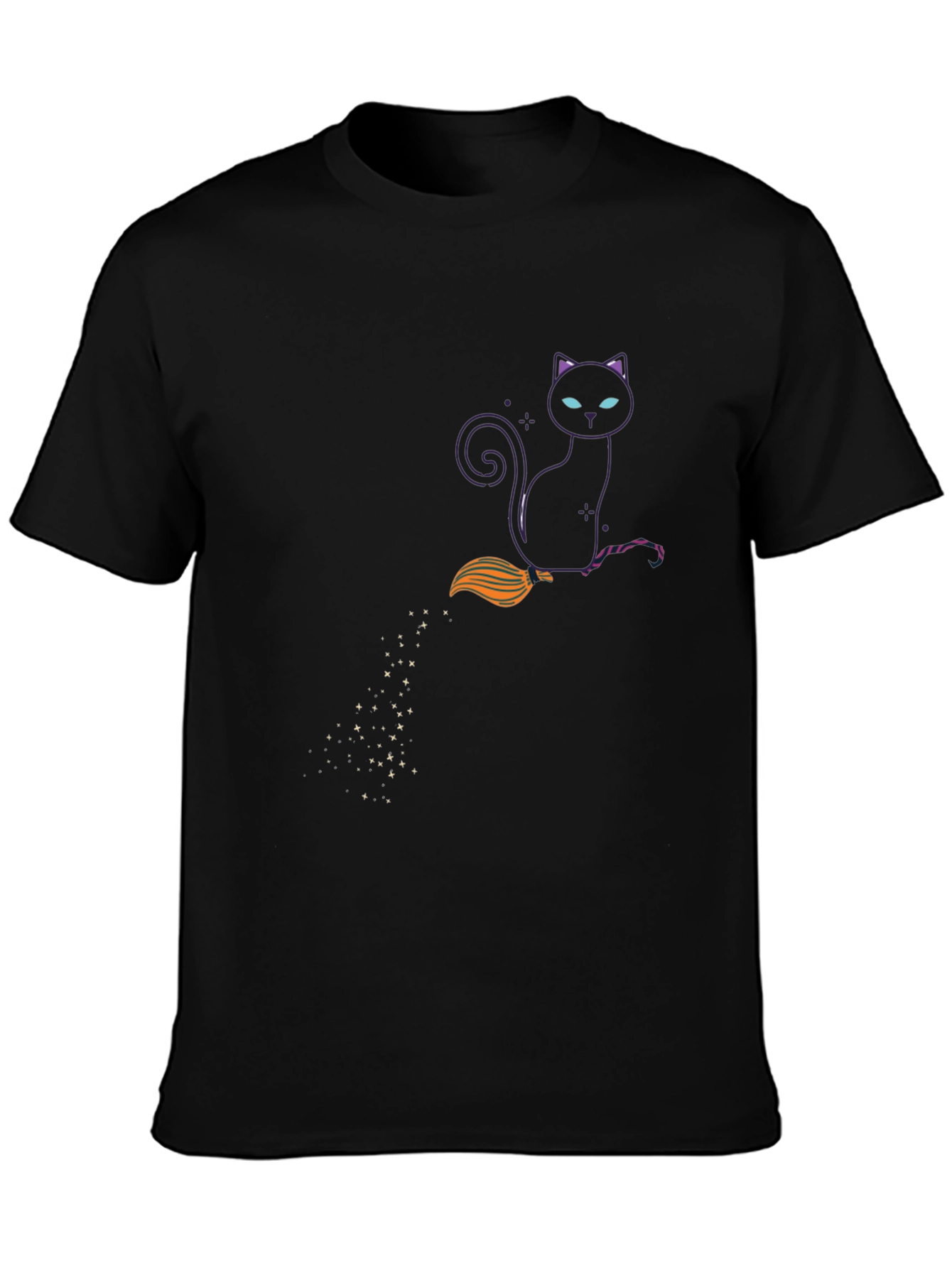 Witch Cat on Broom Black T-Shirt