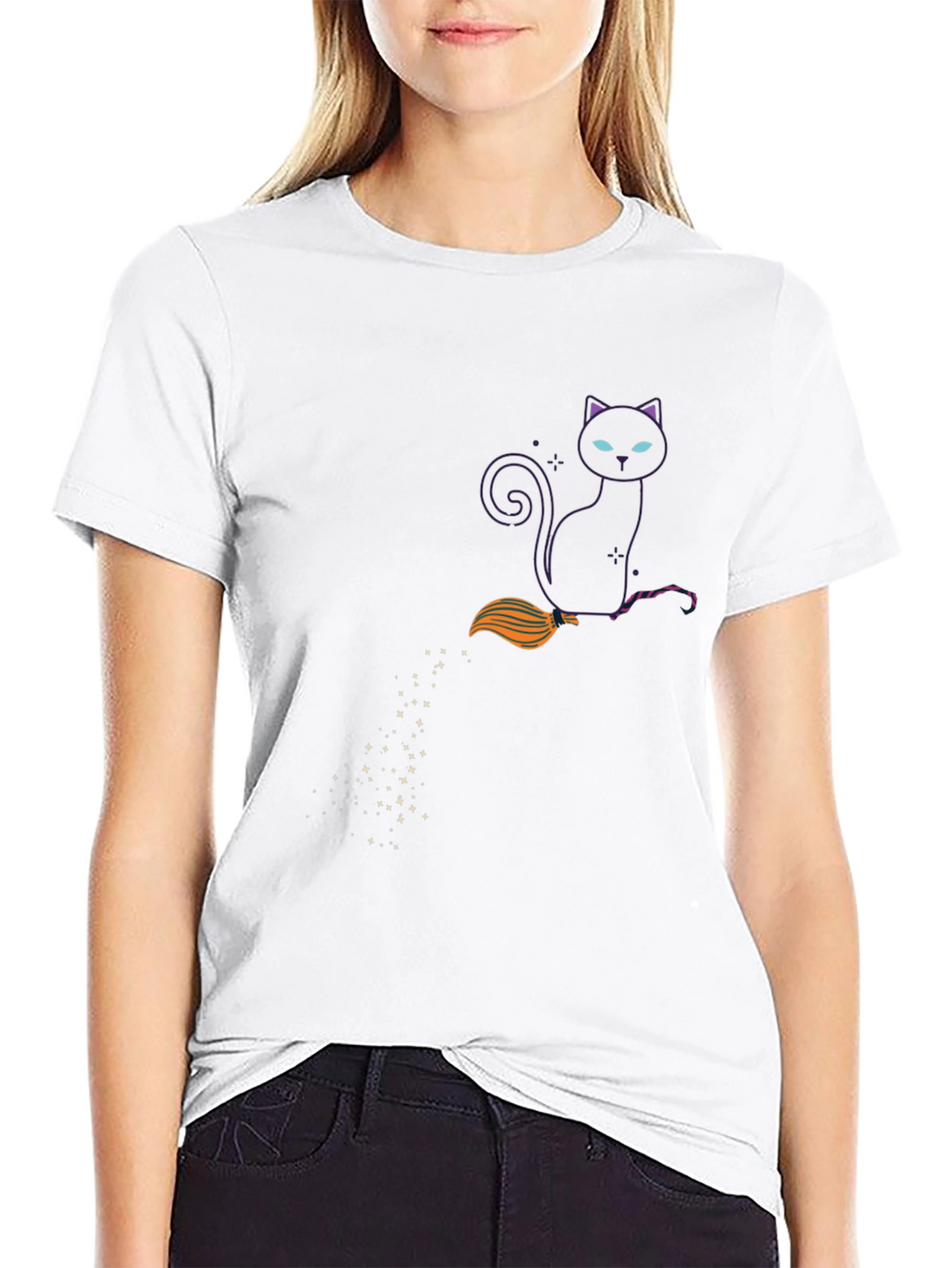 Witch Cat on Broom Black T-Shirt