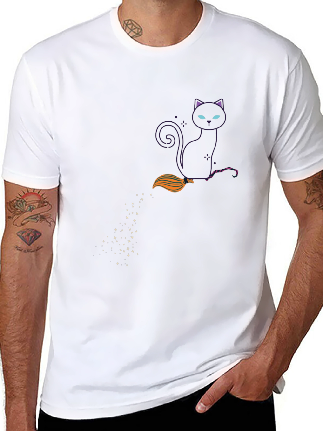 Witch Cat on Broom Black T-Shirt