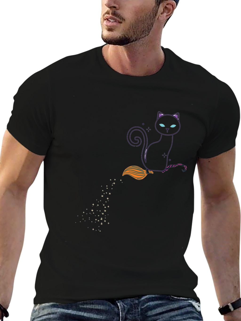 Witch Cat on Broom Black T-Shirt