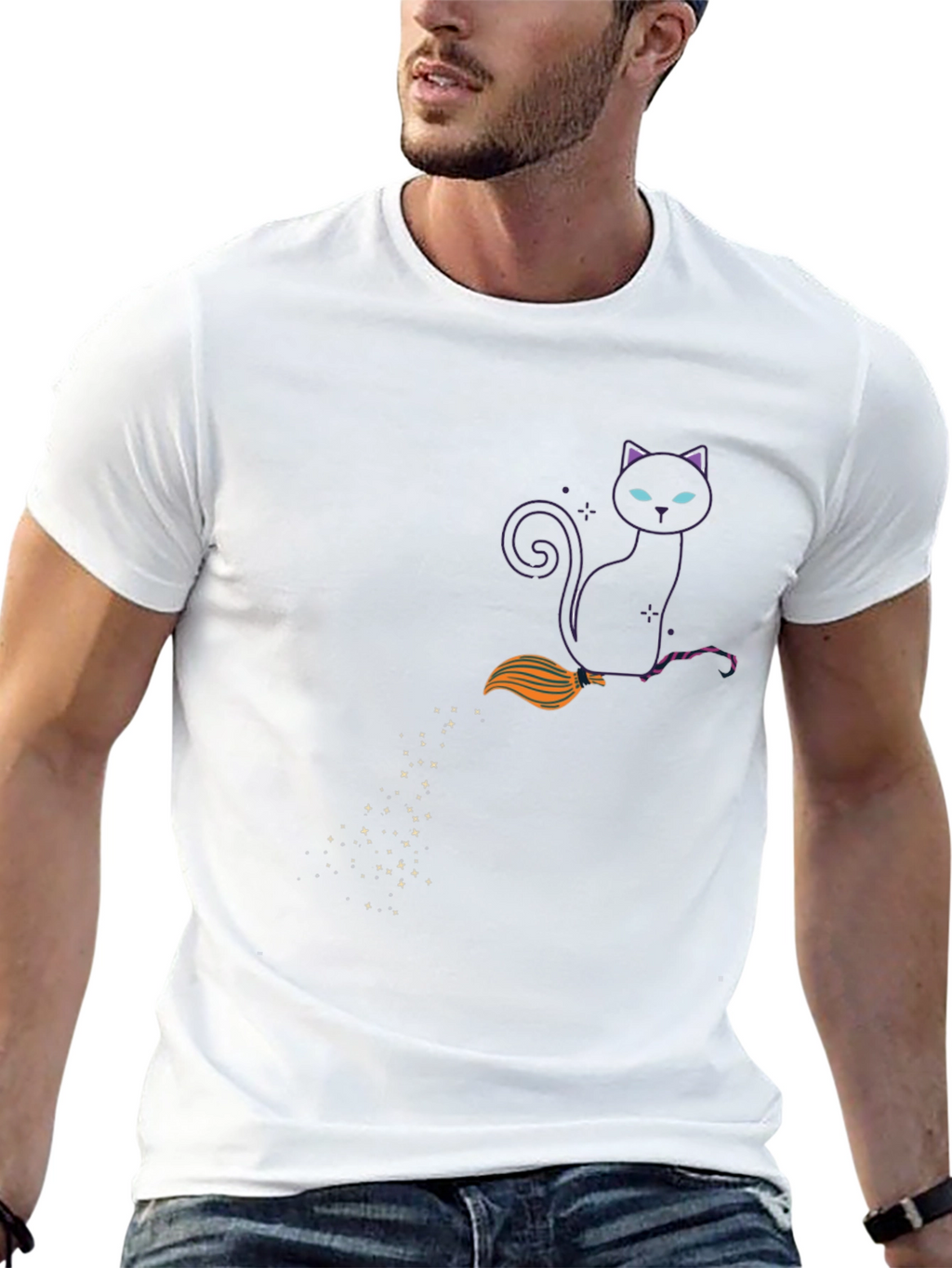 Witch Cat on Broom Black T-Shirt