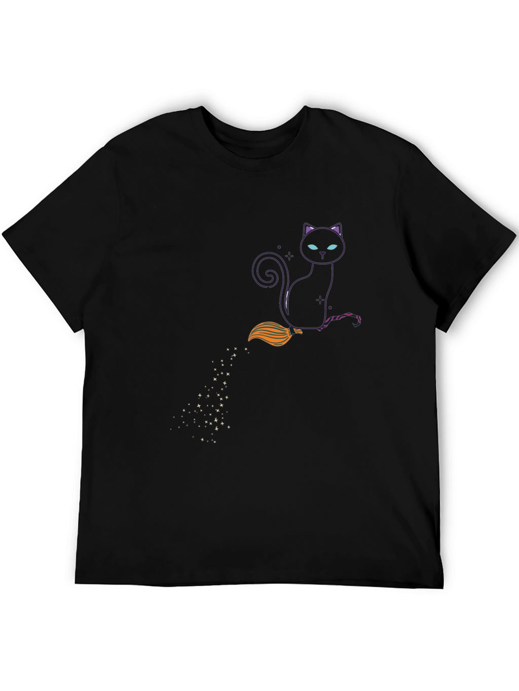 Witch Cat on Broom Black T-Shirt