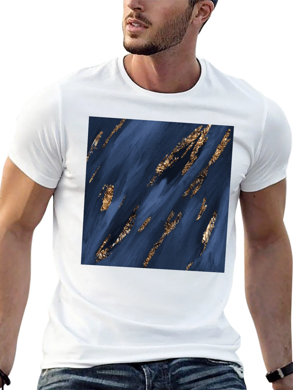 Abstract Art T-Shirt: Navy & Gold Strokes
