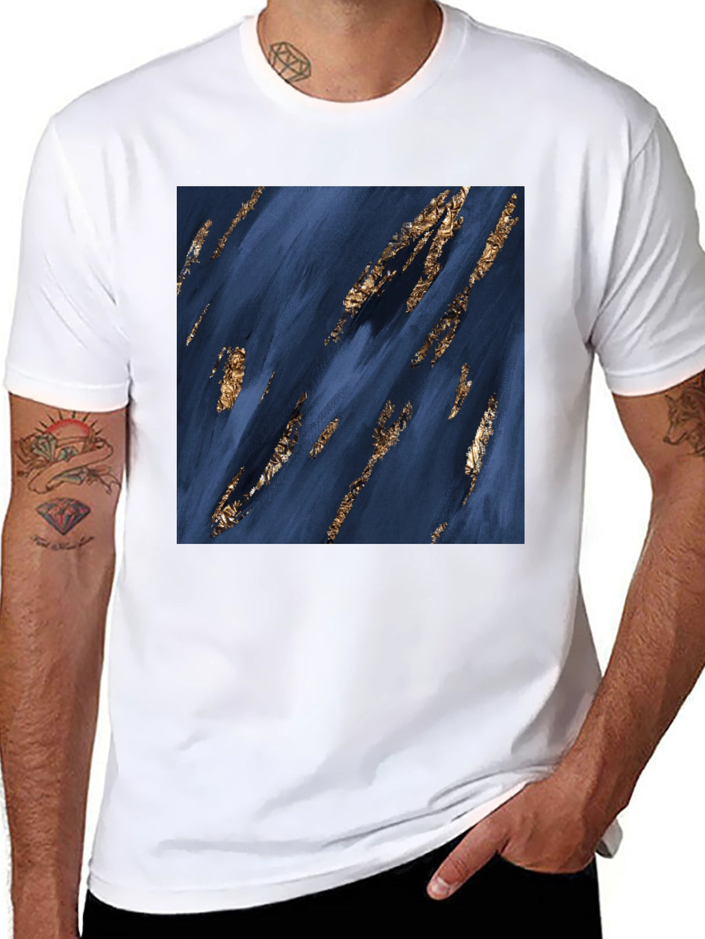 Abstract Art T-Shirt: Navy & Gold Strokes