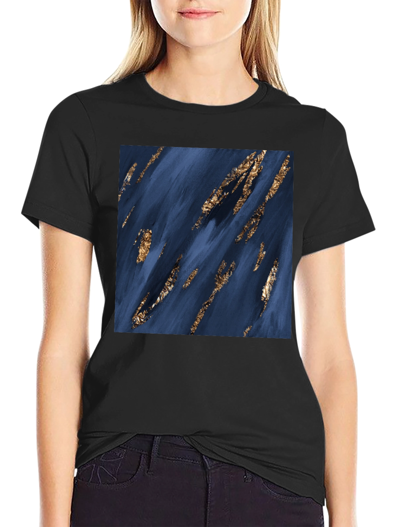 Abstract Art T-Shirt: Navy & Gold Strokes