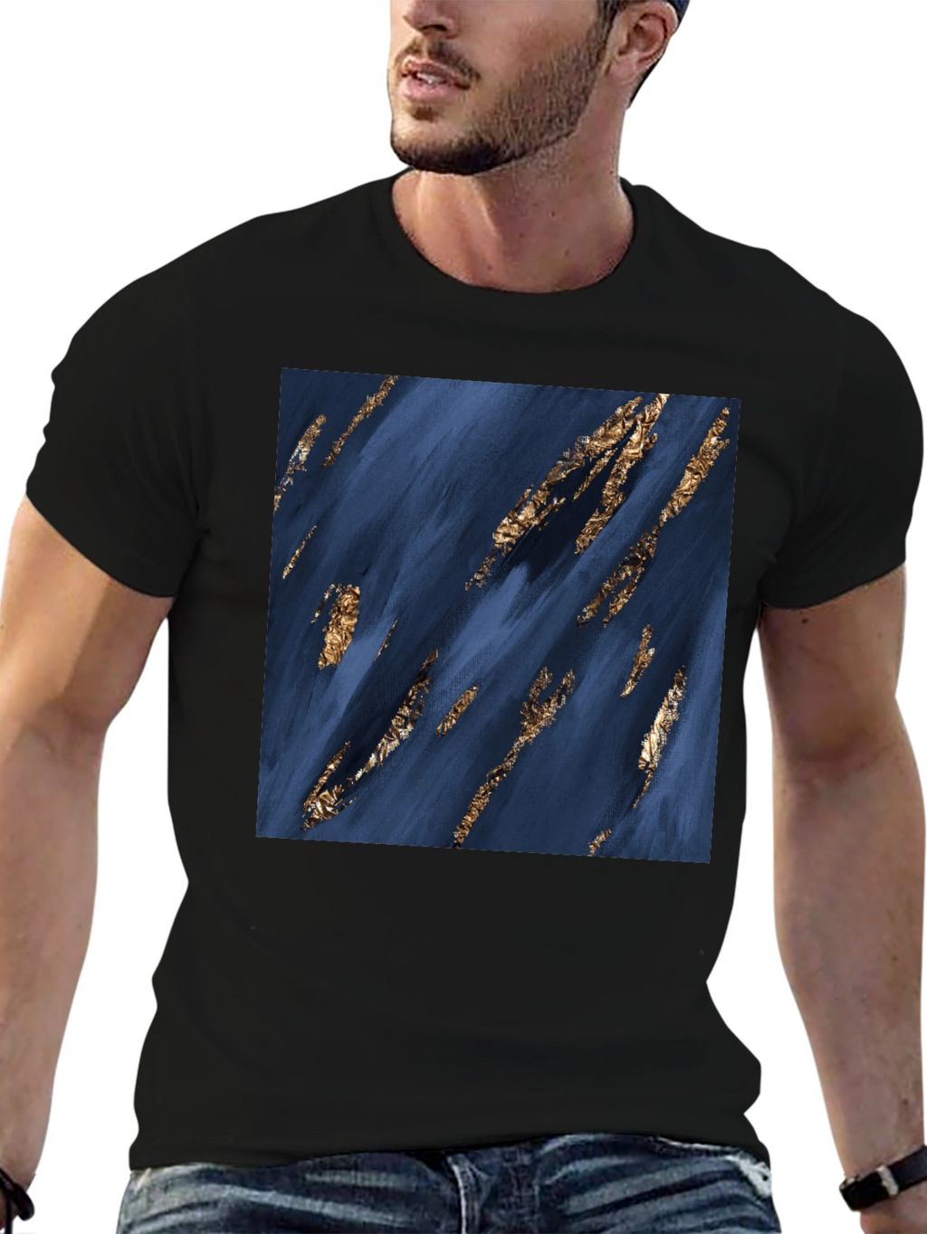 Abstract Art T-Shirt: Navy & Gold Strokes