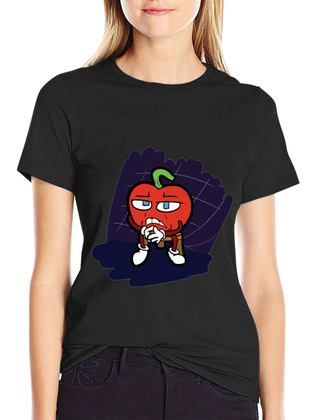 Cartoon Tomato Graphic Black T-Shirt