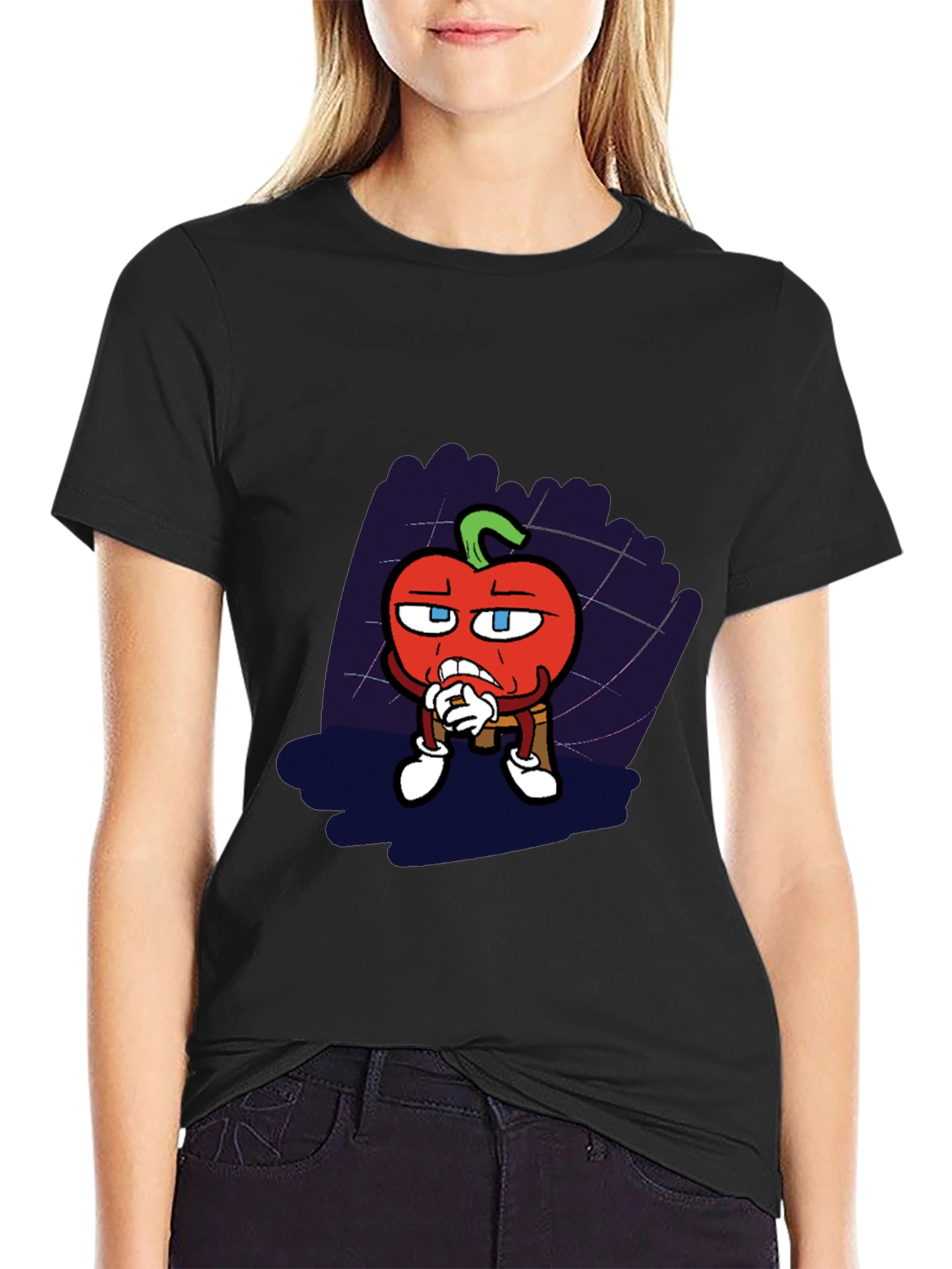 Cartoon Tomato Graphic Black T-Shirt