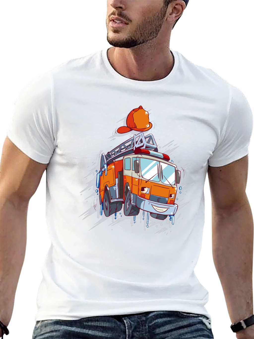 Cartoon Firetruck Graphic T-Shirt - Black
