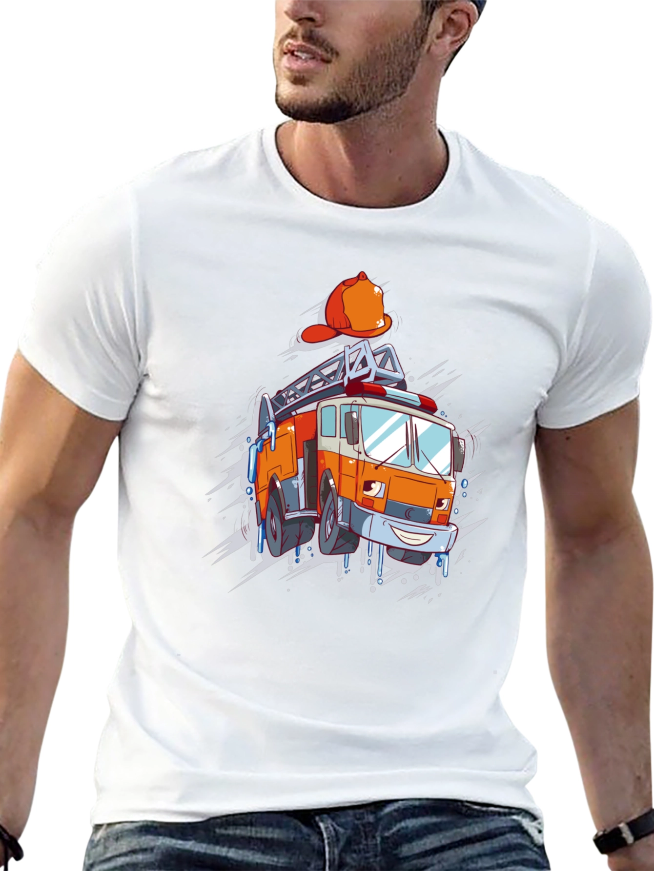 Cartoon Firetruck Graphic T-Shirt - Black