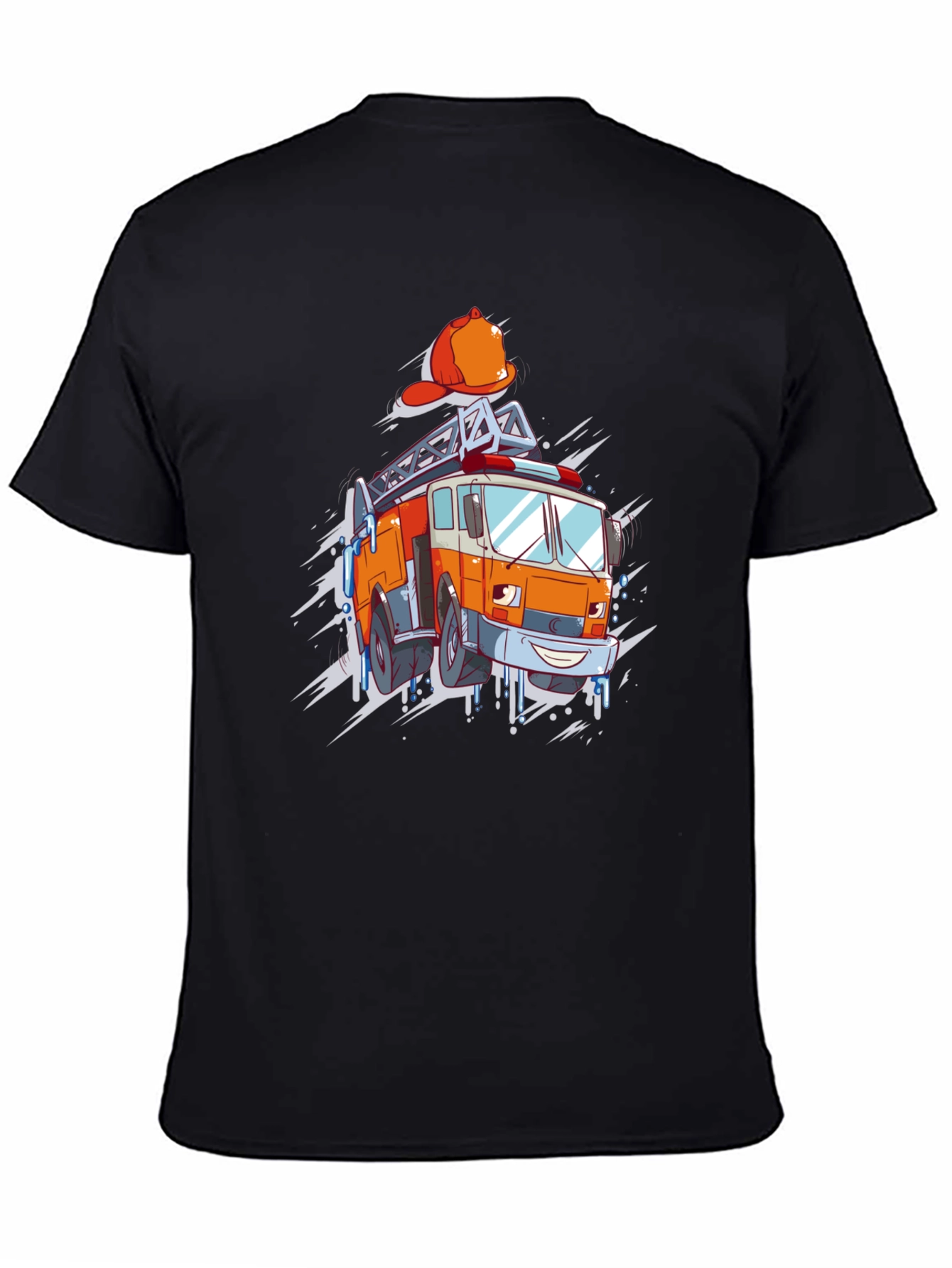Cartoon Firetruck Graphic T-Shirt - Black