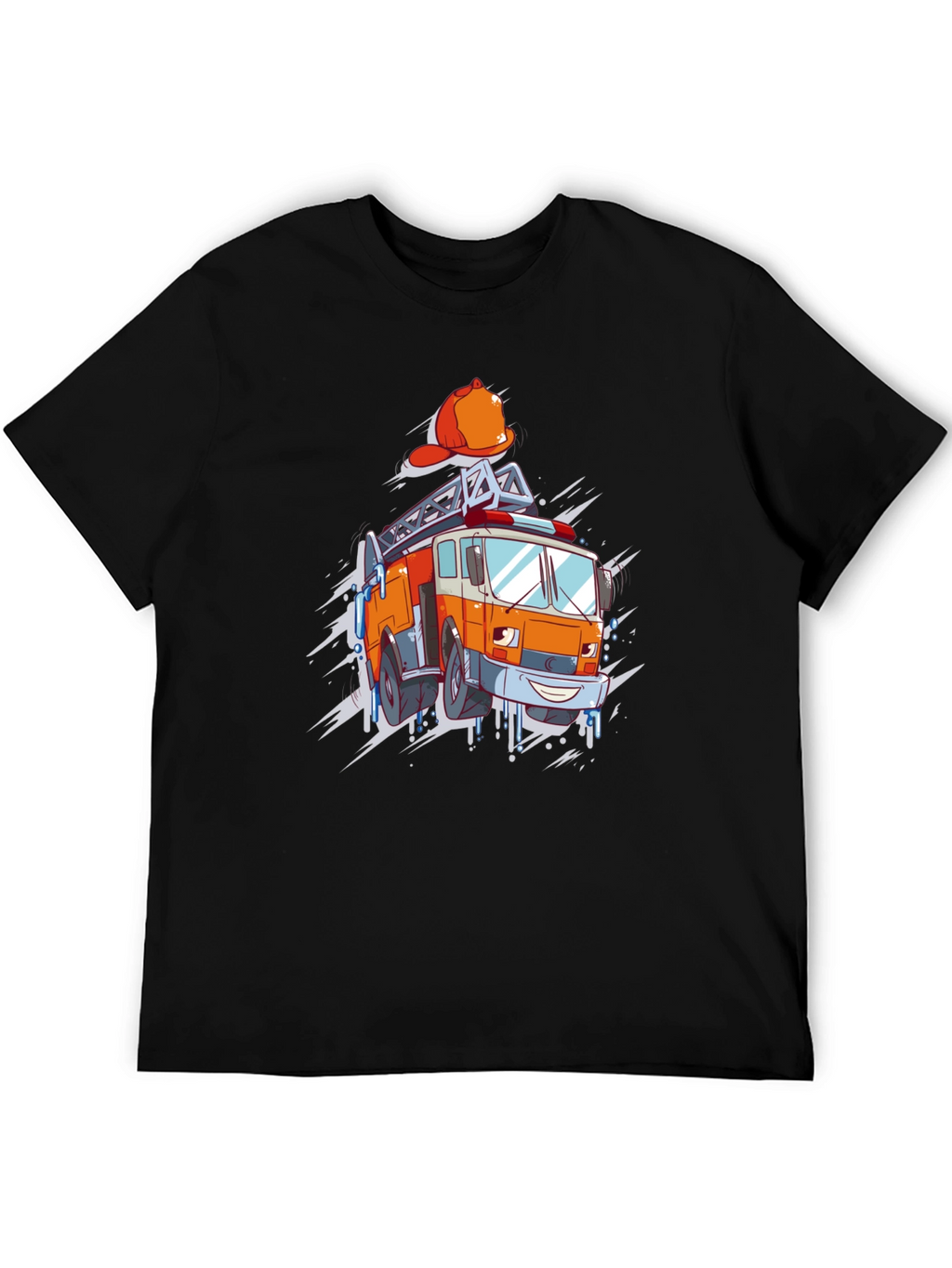 Cartoon Firetruck Graphic T-Shirt - Black