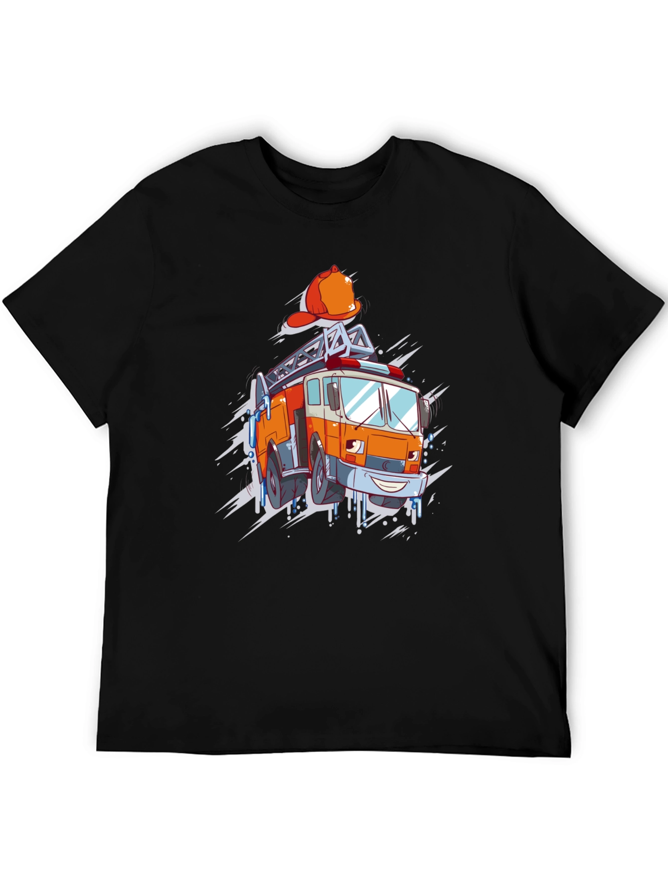 Cartoon Firetruck Graphic T-Shirt - Black