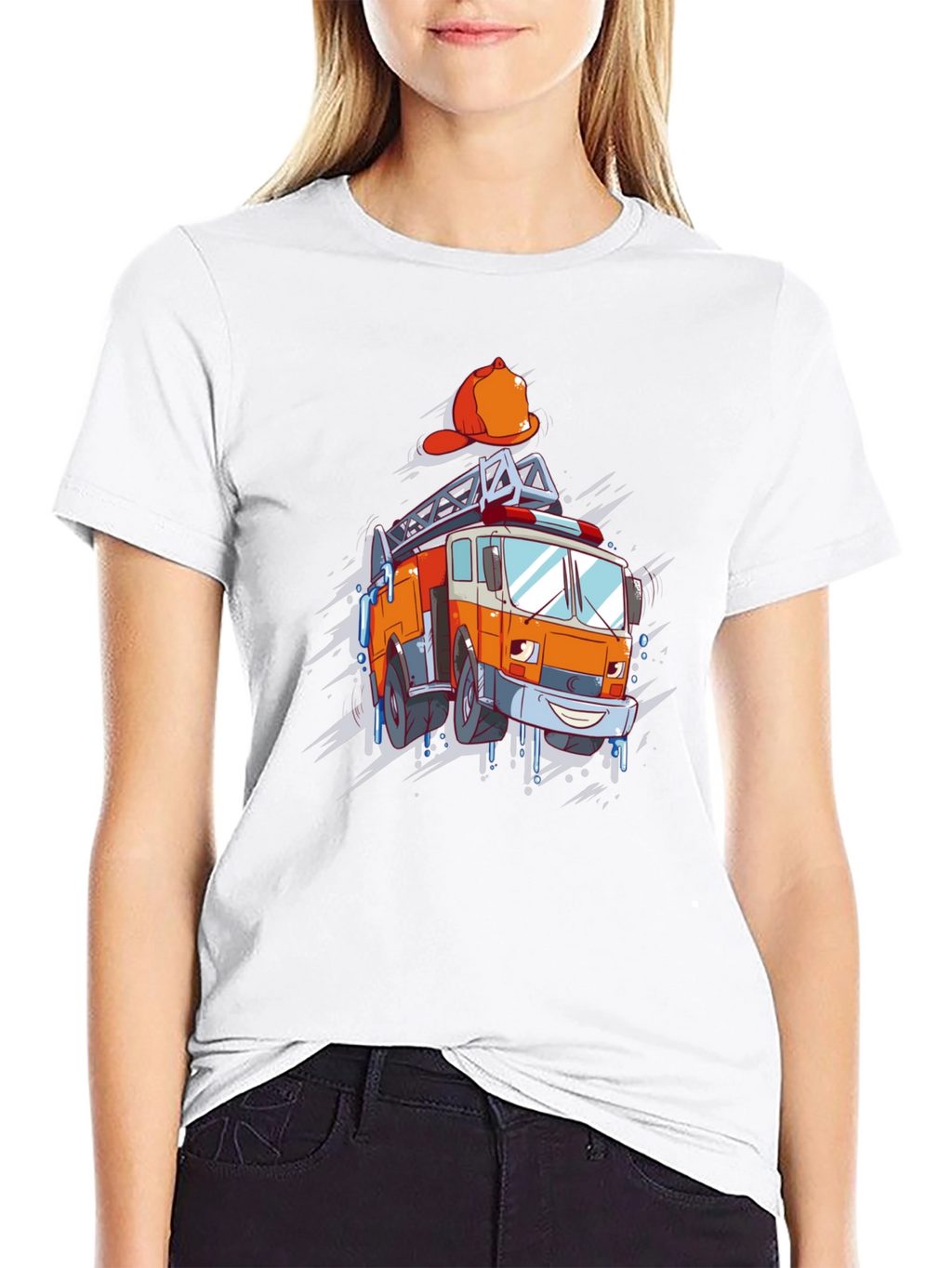 Cartoon Firetruck Graphic T-Shirt - Black