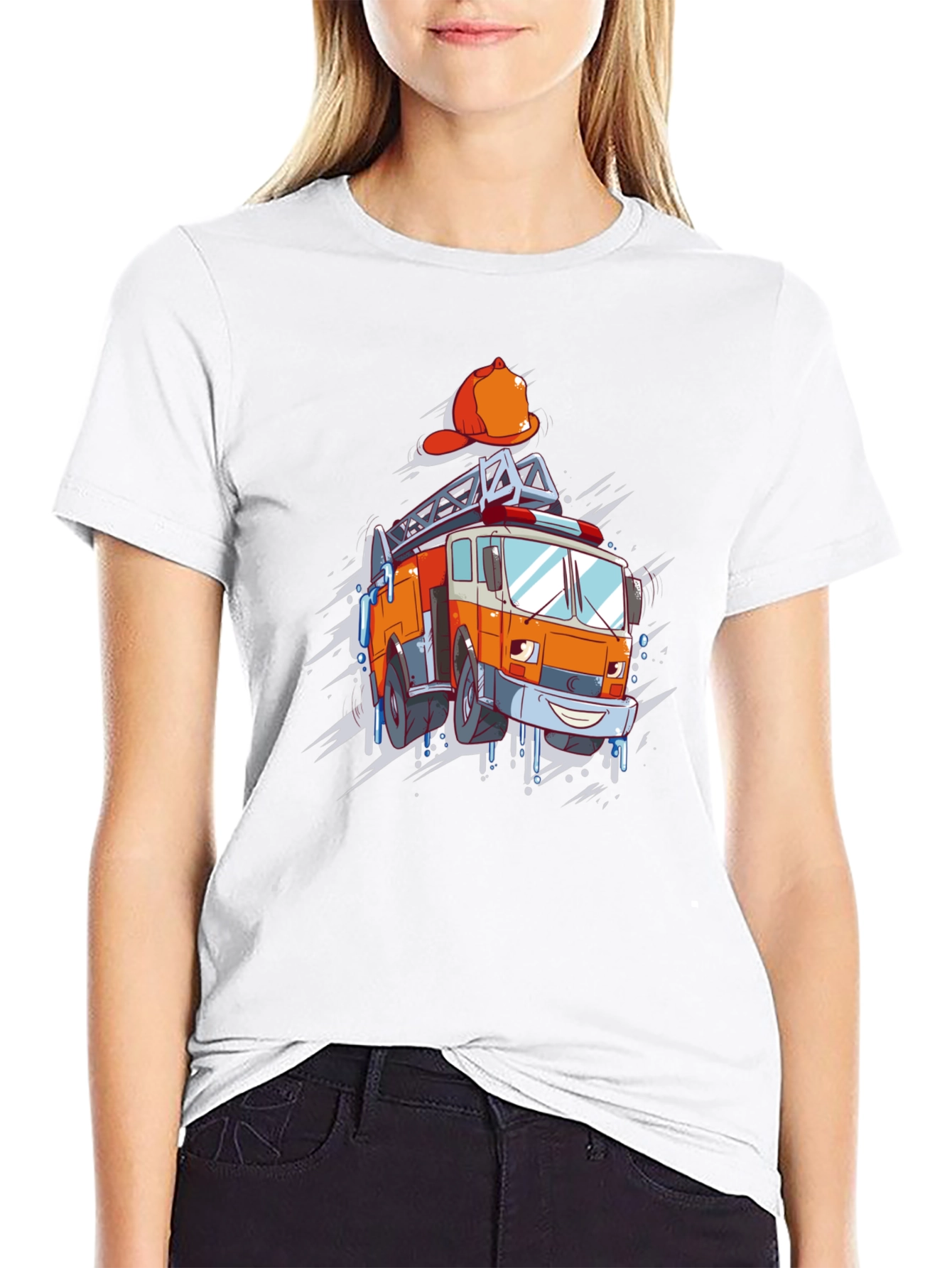 Cartoon Firetruck Graphic T-Shirt - Black