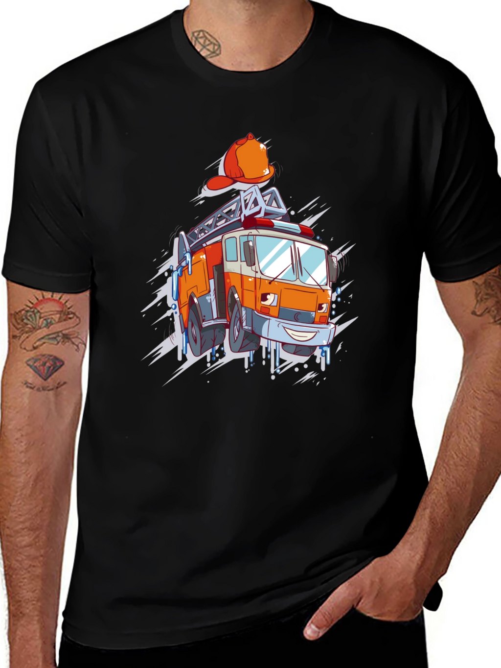 Cartoon Firetruck Graphic T-Shirt - Black